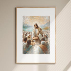 5 Loaves of Bread and 2 Fish DIGITAL DOWNLOAD, Bible Sketches Art, Jesus Feeds 5000 God provides Wall Art, Christian Gift Modern Jesus print