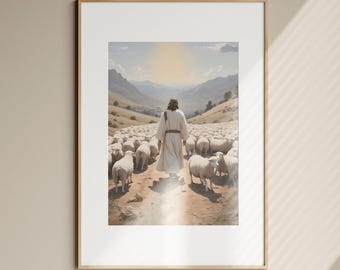 Lámina artística de Jesús y la oveja perdida, decoración de pared con versículo bíblico (descarga digital)