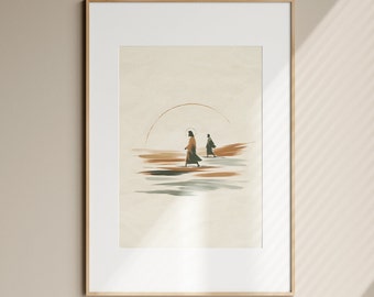Jesus and Peter Walk on Water Print, Boho Bible Art (Digital Download)