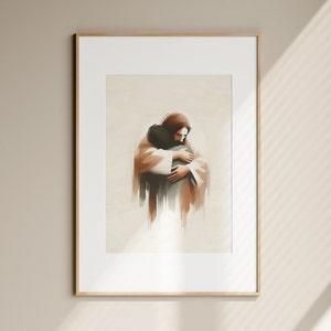 May include: A digital painting of a person in a brown robe embracing another person. The painting is in a light brown frame.