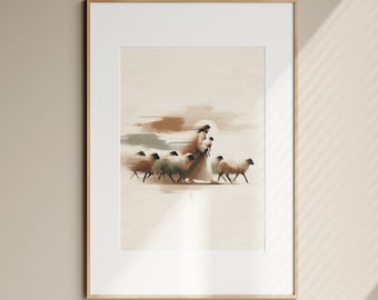 Lámina bíblica de Jesús y las ovejas, decoración cristiana para el hogar (descarga digital)