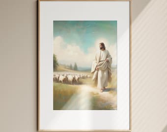 Impresión bíblica de Jesús y la oveja perdida, regalo cristiano (descarga digital)