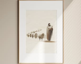Impresión bíblica de Jesús y la oveja perdida, ilustración del pastor (descarga digital)