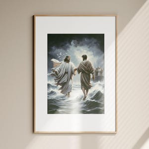 Jesus and Peter Walk on Water DIGITAL DOWNLOAD, Bible Art, Modern Bible Verse Wall Art, Jesus print, Bible Sketch, Boho Scripture Home Decor