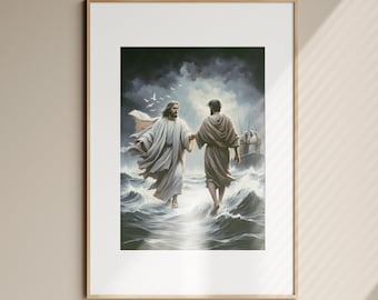 Jesus and Peter Walk on Water Print, Bible Verse Art (Digital Download)