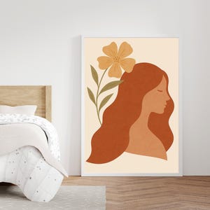 Minimalist Woman Line Art Print, Boho Wall Art Printable, Female Silhouette Poster, Digital Download Home Decor, Botanical Illustration
