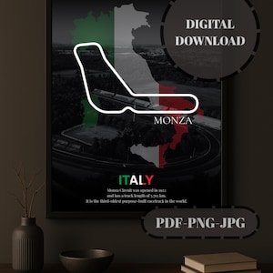 Monza Circuit F1 circuitkaart poster, Italië motorsport kunst aan de muur, Formule 1 racen print, Man Cave cadeau, Italiaans racecircuit decor
