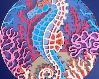 CABALLITO DE MAR Arte en papel colorido Hermosa caja de sombras 3D