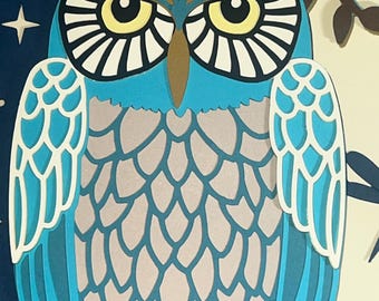 BÚHO DE MEDIANOCHE, arte en papel 3D colorido