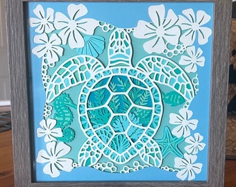 Arte en 3D de tortuga marina en caja de sombras