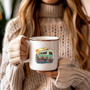 Van and the flowers, Enamel camping mug, Camping, Retro mug, Fun gift, Gift for Her, Gift for Him, Coffee mug, Birthday gift, Hiking