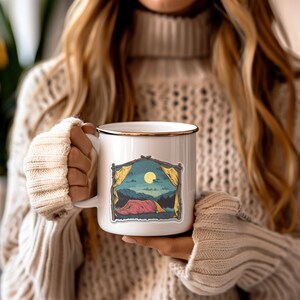 Sleeping outside, Enamel camping mug, Camping, Retro mug, Fun gift, Gift for Her, Gift for Him, Coffee mug, Birthday gift, Hiking