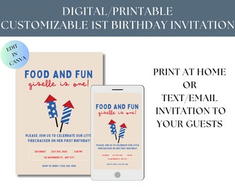 Convite de aniversário simples para menino ou menina, com tema de 4 de julho: Convite de aniversário para imprimir, editável, para festa de aniversário com tema patriótico.