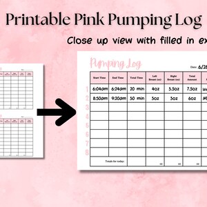 May include: Printable pink pumping log with a filled-in example. The log includes columns for start time, end time, total time, left breast ounces, right breast ounces, total amount, and pump method. The example shows a wearable pump used for 20 minutes, producing 7.5 ounces, and a manual pump used for 30 minutes, producing 6 ounces.