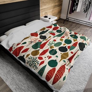 Christmas Velveteen Plush Blanket, Midcentury Modern Home Decor Throw, Retro Cozy Bedding, Soft Couch Accent, Vintage Style Lap Blanket