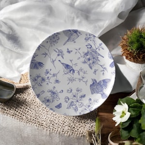 Blauw toile-dinerbord: chinoiserie-vogel- en bloemdessin