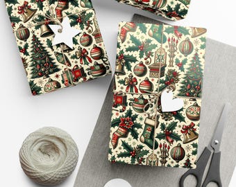 Vintage Christmas Gift Wrap Paper, Nostalgic Holiday Design