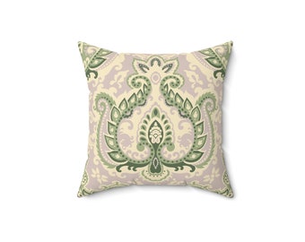 Green Paisley Spun Polyester Decorative Square Pillow