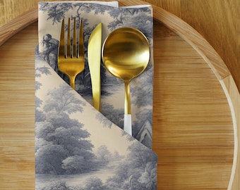 Blue French Toile Cloth Napkins: Farmhouse Tablescape, Set of 4