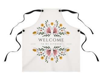 Welcome Kitchen Apron, Colorful Floral Cooking Accessory, Housewarming Gift