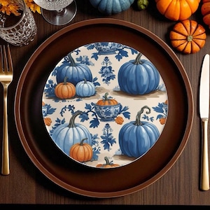 Blue Chinoiserie Pumpkin Bone China Plates: Fall Thanksgiving Dinnerware