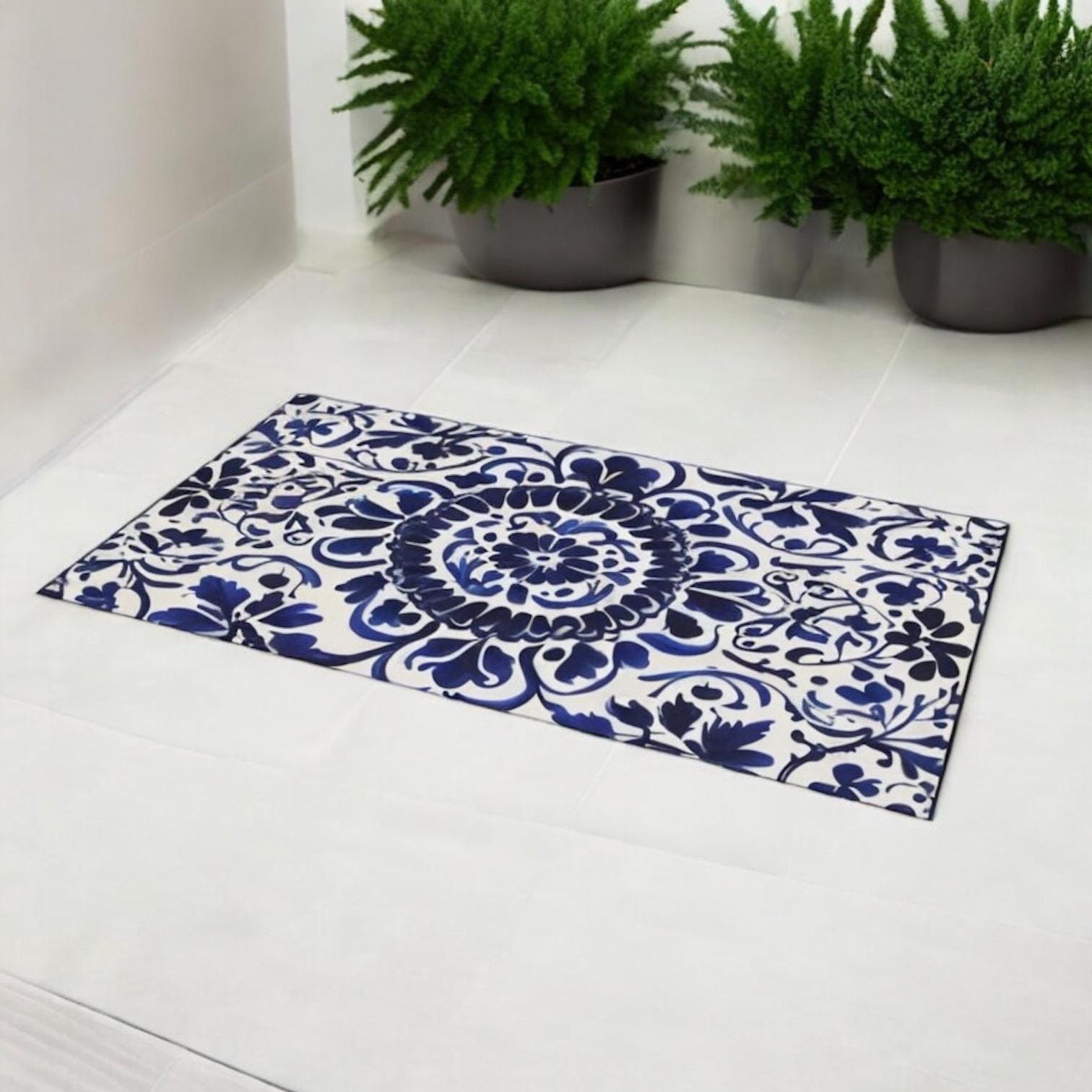 Tile Mat Rug Blue Talavera Tile Floor Mat: Non-slip Polyester Rug - Etsy