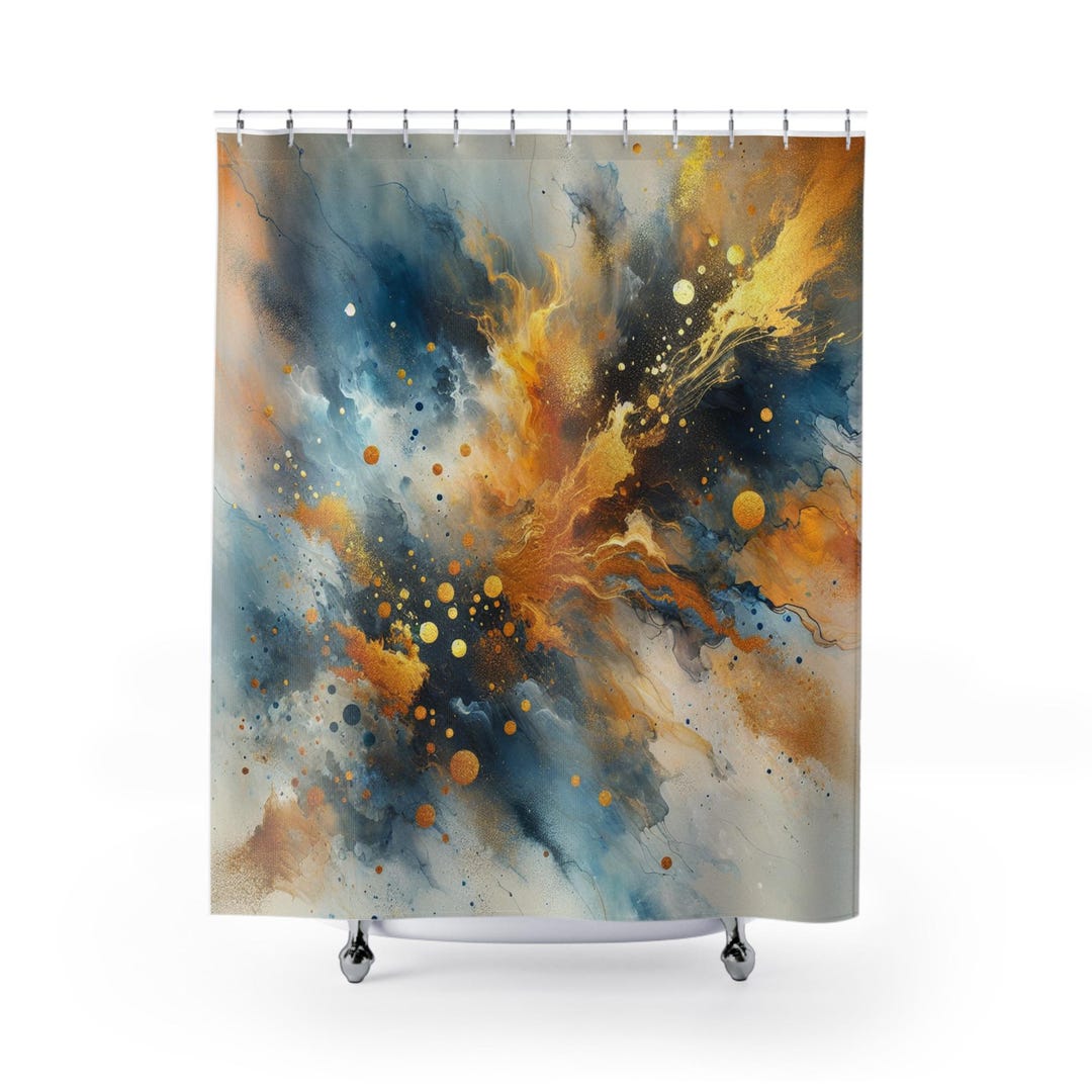Gold Blue Watercolor Splash Shower Curtain, Bathroom Decor, Abstract ...