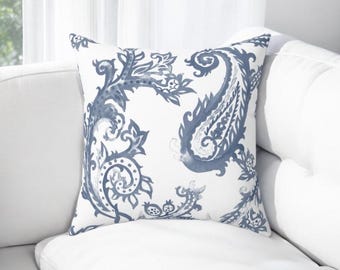 Blue Watercolor Paisley Pillow, Decorative Throw Pillow