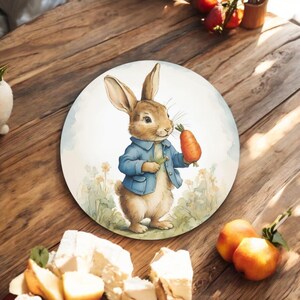 May include: A round decorative plate with a watercolour illustration of a rabbit in a blue jacket, holding a carrot. The rabbit is in a field of flowers. The plate has a white background with a soft blue border.