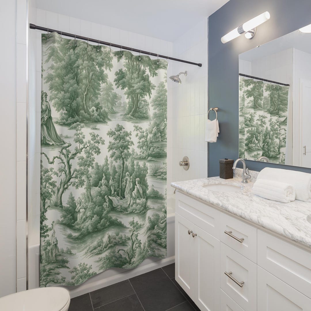 Green Toile Shower Curtain, Bath Decor, French Toile, Toile Decor