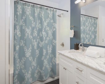 Blue Floral Polyester Shower Curtain: French Country Bathroom Decor