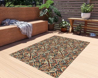 Southwestern Tribal Outdoor Rug, Indoor Outdoor Area Carpet, Boho Patio Mat, Outdoor Picnic Blanket, Mexican Style Porch Rug