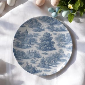 Blauw Toile Bone China-bord, Toile-serviesset, Bone China-bord, Pasen-servies, uniek bord, Blauwe saladebord, speciale gelegenheden