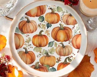Watercolor Pumpkin Bone China Plate: Autumn Thanksgiving Dinnerware