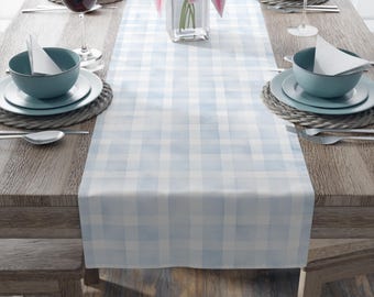 Blue Gingham Cotton Table Runner: Farmhouse Picnic Decor