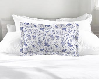 Chinoiserie Pillow Sham, Blue Floral Pillow Cover, Decorative Pillowcase, Oriental Pillow Sham, Luxury Microfiber Bedding, King Size Bed