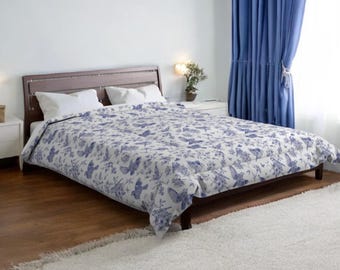 Edredón azul de estilo chinoiserie, ropa de cama floral oriental, decoración elegante para el dormitorio.