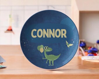 Assiette dinosaure personnalisée : service de vaisselle bleu pour garçon
