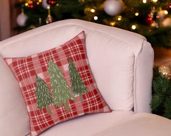 Red Plaid Christmas Tree Pillow, Rustic Farmhouse Decor