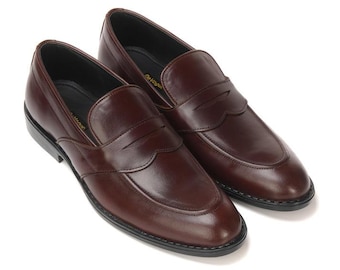 Handgemaakte hete kastanjebruine rundleer formele loafers voor heren, klassieke instappers met duurzame rubberen zool | Cadeau voor hem