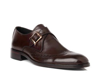 Handgemaakte gestippelde Royal Premium rundleer schoenen met dubbele gesp voor heren | Formele schoenen met gesp | Cadeau voor hem