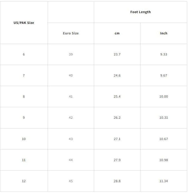 以下が含まれることがあります： 靴のサイズ換算表。US/PAKサイズ6～12、ヨーロッパサイズ39～45、足の長さ（cm：23.7～28.8cm、インチ：9.33～11.34インチ）が記載されています。