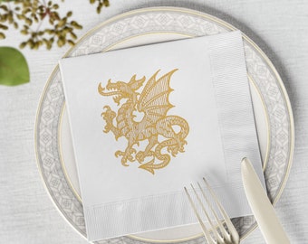 Medieval party napkins, gold heraldry dragon, White Coined cocktail Napkins