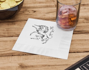 Medieval party napkins, heraldry unicorn, White Coined cocktail Napkins