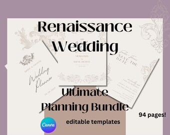 Renaissance Wedding Planning Bundle, Customizable Canva Templates, Printable Wedding Planner, Day Of Binder, Invitations