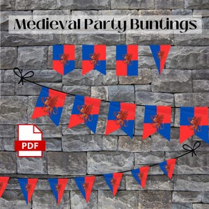 Puede incluir: Archivo PDF imprimible para una guirnalda de fiesta medieval. La guirnalda presenta banderas rojas y azules con un diseño de dragón. El texto "Medieval Party Buntings" está en la parte superior de la imagen.