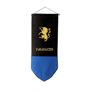 May include: A black and blue banner with a gold unicorn and the word "HARWYN" in gold lettering.