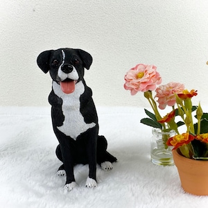 Puede incluir: Una figurita de perro negro y blanco con el pecho blanco y una expresión feliz. La figurita está sentada sobre una superficie blanca y esponjosa con una planta en maceta con flores rosas y naranjas en el fondo.