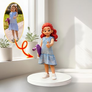 May include: A figurine of a girl with red hair, wearing a blue and white striped dress and white sneakers, holding a purple skateboard. The figurine is standing on a white circular platform. An image of a girl in a similar outfit is in the background.