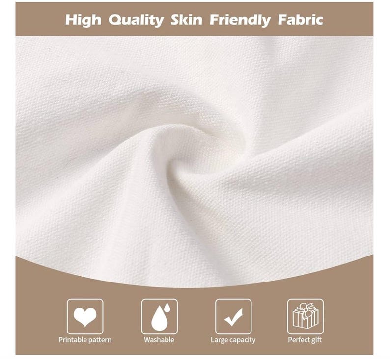 May include: Close-up of white fabric with the text "High Quality Skin Friendly Fabric". The image also includes icons indicating a printable pattern, washable, large capacity, and perfect gift.